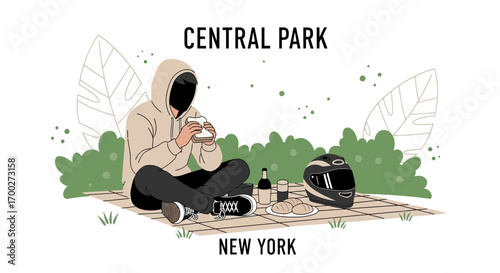 Hooded figure enjoying a picnic in Central Park New York with motorcycle helmet