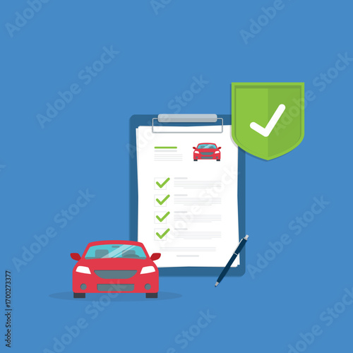 Car insurance document, report. Paper agreement checklist or loan checkmarks form list approved with automobile icon, vehicle financial, car dealership legal deal.	