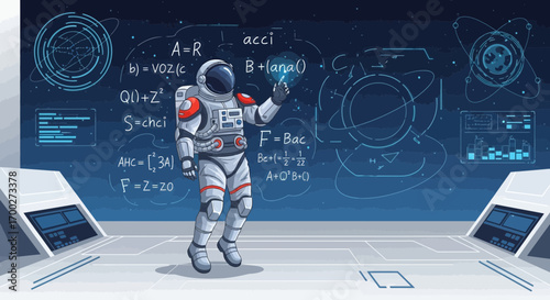 Astronaut solving complex equations in a futuristic spacecraft environment illustration