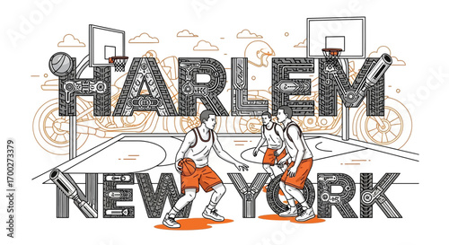 Harlem, New York basketball game with a unique industrial design background and players