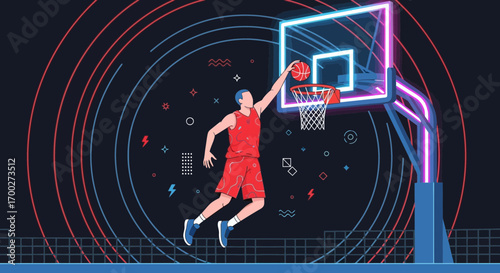Illustrated basketball player about to score a point with modern design details and neon hoop