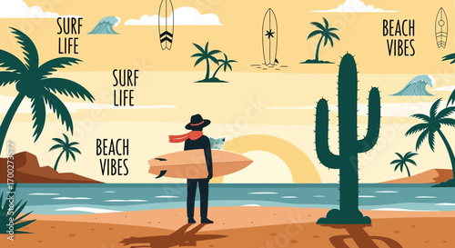 Illustration capturing the essence of surf culture and beach lifestyle with tropical vibes evoking