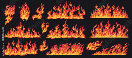 Colorful fire flames in various shapes and sizes