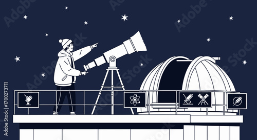 Exploring the cosmos a night at the observatory with telescope and stars above vector drawing
