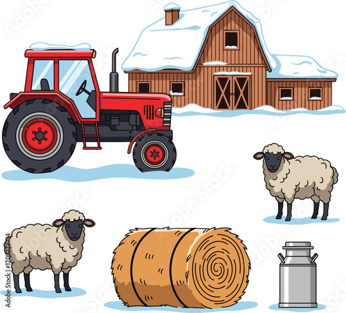 Farm scene with tractor, barn, sheep, hay bale, and milk can