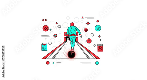 Illustration of a bowler throwing a ball down a lane towards bowling pins in a bowling alley