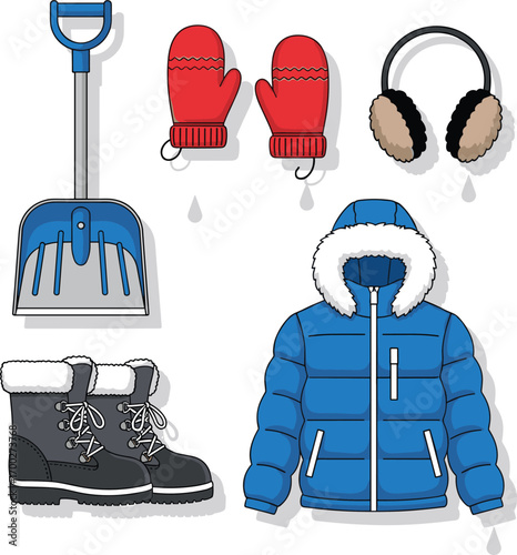 Winter Clothing and Snow Shovel Illustration