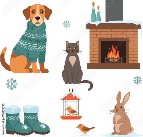 Cozy Winter Scene with Animals and Fireplace