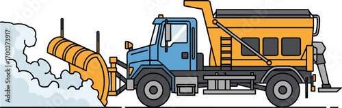 Snowplow truck clearing snow from the road, vector illustration
