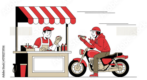Fast Food Delivery Service Illustration Featuring a Hot Dog Stand and Motorbike Courier