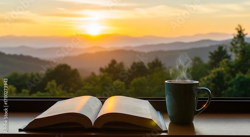 Open book and steaming coffee mug on windowsill with a beautiful mountain landscape view at sunrise