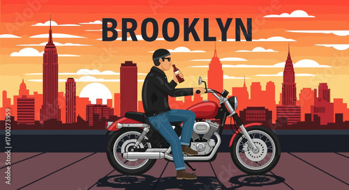 Brooklyn motorcycle rider at sunset with city skyline backdrop illustration scenery
