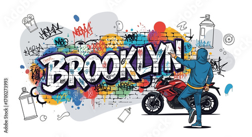 Brooklyn Graffiti Artist with Motorcycle Spraying a Colorful Brick Wall Urban Art