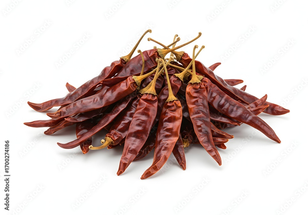 Obraz premium Pile of dried chili peppers with stems on a white background.