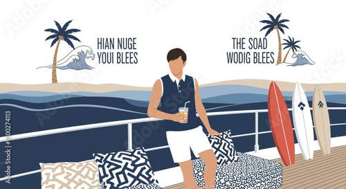 Illustration of a man enjoying a tropical drink near surfboards with seaside scenery