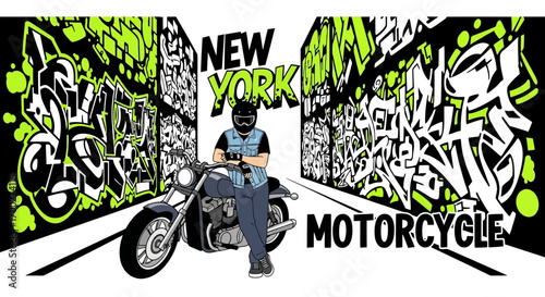 Cartoon biker leans on his motorcycle with a graffiti background expressing freedom and urban cool