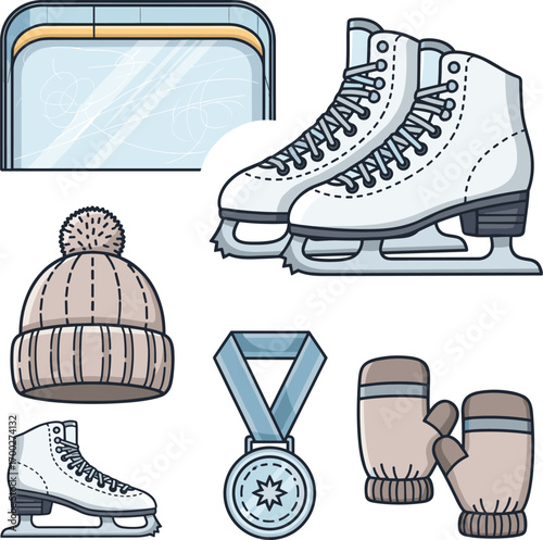 Ice Skating Gear and Medal Icon Set