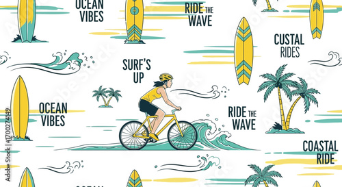 Fun and Summery Seamless Pattern Featuring Surfing, Cycling and Coastal Theme Graphic