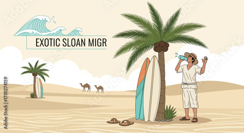 Cartoon desert scene featuring a surfer, palm trees, surfboards and camels evoking a whimsical