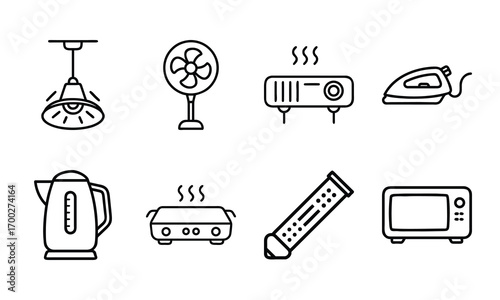Minimal Line Icons of Home Appliances – Electric Kettle, Induction Cooker, Water Heater, Microwave Oven, Refrigerator, Street Lamp, Table Lamp, and Washing Machine Vector Set for Household, Kitchen, a