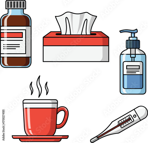 Sick day essentials: medicine, tissues, sanitizer, tea, thermometer