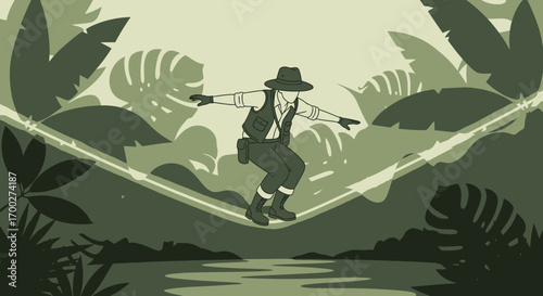 Cartoon illustration of an adventurer crossing a rope bridge in a dense jungle setting creating a