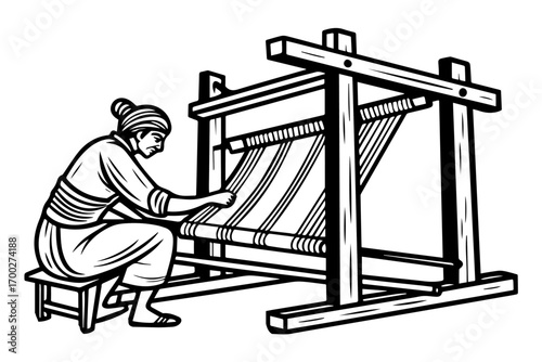 weaver-operating woman-a-wooden-handloom--pure-white background