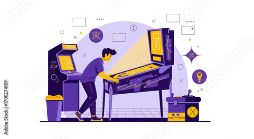 Illustration of a man playing pinball in an arcade with retro gaming machines and fun graphics