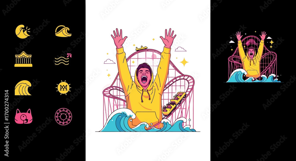 Fototapeta premium Cartoon illustration showing a thrilling roller coaster ride amidst ocean waves scene