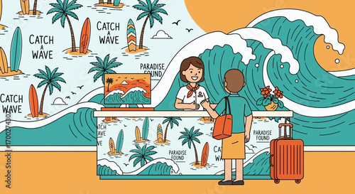 Cartoon illustration of a traveler checking in at a tropical resort reception desk