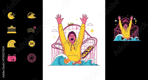 Cartoon illustration showing a thrilling roller coaster ride amidst ocean waves scene