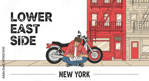 Illustration of a man sketching on a notebook next to a motorcycle in New York City streetscape