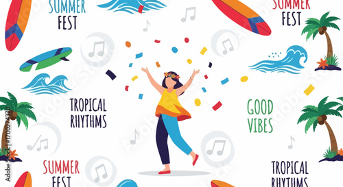 Celebrate summer with this vibrant pattern featuring a festival atmosphere and surfboards good vibes