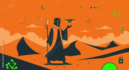 Futuristic Desert Nomad: A Cloaked Figure and Drone in a Sci-Fi Landscape minimal