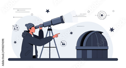 Illustration of a man using a telescope near an observatory discovering the cosmos