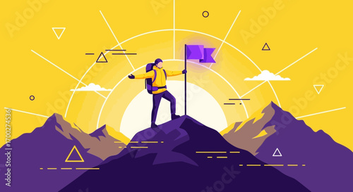 Illustration of a mountain climber reaching the summit with a flag celebrating victory