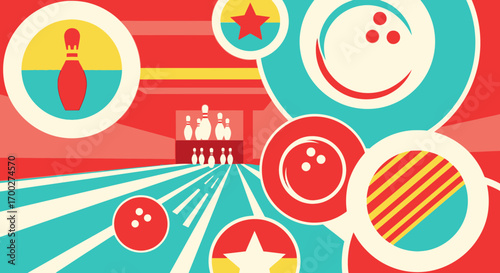 Colorful Bowling Alley Illustration with Retro Style and Geometric Elements