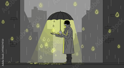 Illustration of a person with an umbrella in the rain in a city street landscape showcasing