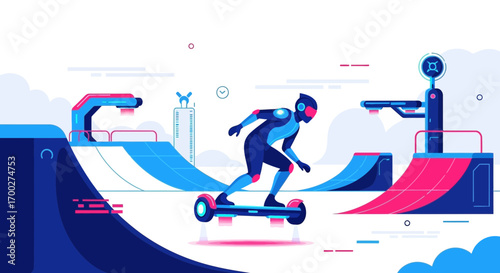 Futuristic hoverboard adventure in a stylized environment, showcasing technology and motion,