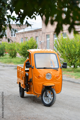 Orange electric cargo tuk tuk in the park