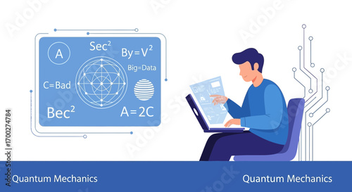Illustration of a person working on quantum mechanics concepts on a digital device