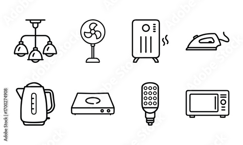 Minimal Line Icons of Home Appliances – Electric Kettle, Induction Cooker, Water Heater, Microwave Oven, Refrigerator, Street Lamp, Table Lamp, and Washing Machine Vector Set for Household, Kitchen, a