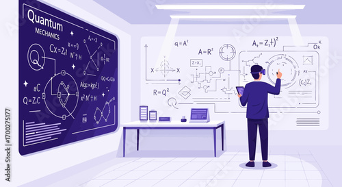 Illustration of a scientist in a virtual reality environment exploring quantum mechanics concepts