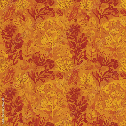 Ornate botanical illustration with autumnal hues and floral elegance in seamless pattern, seamless pattern, Stock royalty.