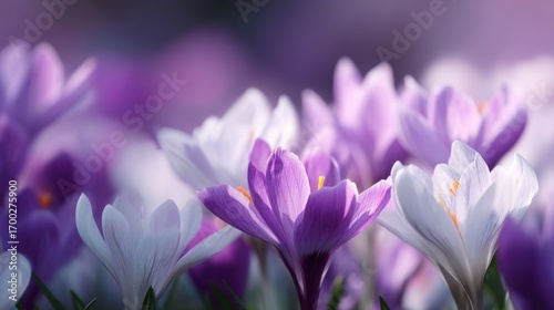 A beautiful display of purple and white crocus flowers blooms in a soft light. This image captures the essence of spring. Perfect for nature lovers and floral design. AI
