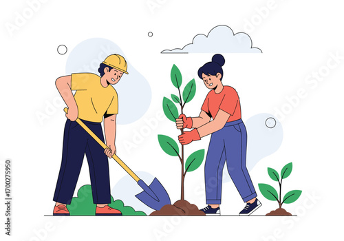 People planting trees and saplings in the garden together making nature greener