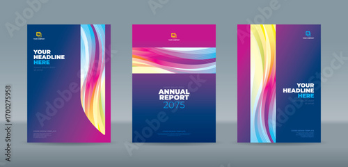 Editable vector A4 book cover templates with bold, dynamic colorful wave designs on a glowing purple background for professional annual report, magazine, booklet, proposal, portfolio, brochure, poster