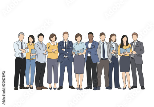 A diverse group of professionals standing together in a line