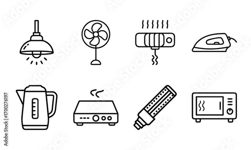 Minimal Line Icons of Home Appliances – Electric Kettle, Induction Cooker, Water Heater, Microwave Oven, Refrigerator, Street Lamp, Table Lamp, and Washing Machine Vector Set for Household, Kitchen, a