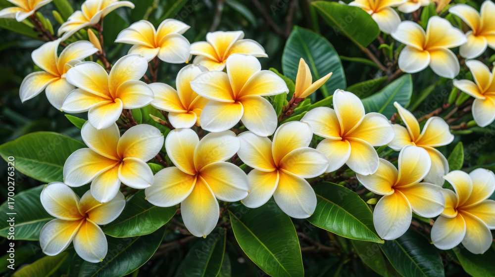 Obraz premium Vibrant cluster of yellow and white plumeria flowers - vertical image, ideal for tropical themes and celebrations